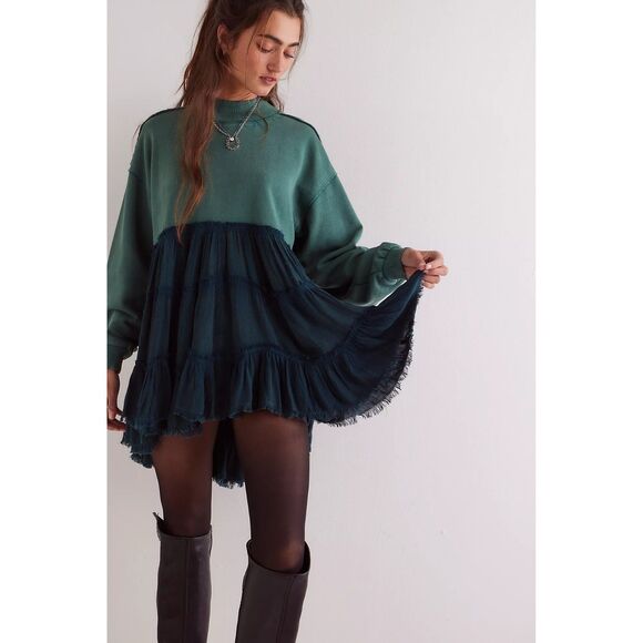Free People We The Free Pixie Sweatshirt Oversized Ribbed Rainforest L 282648 - Picture 1 of 7